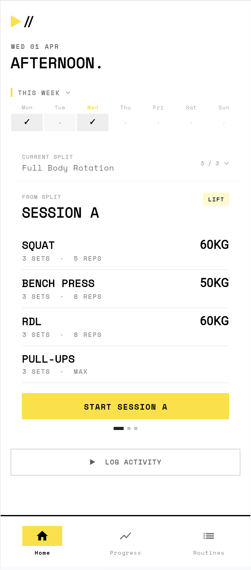 Doggins home screen — afternoon session overview