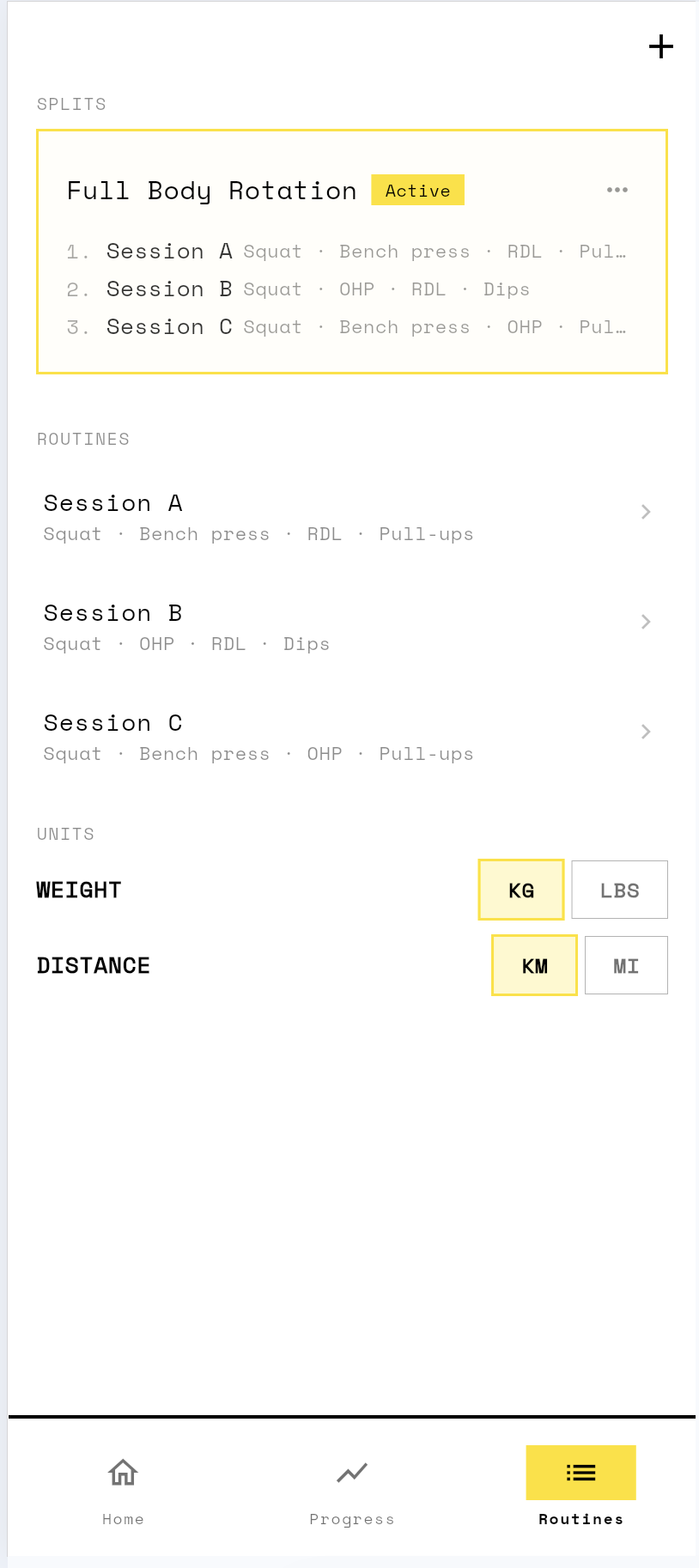 Doggins routines screen — managing your split