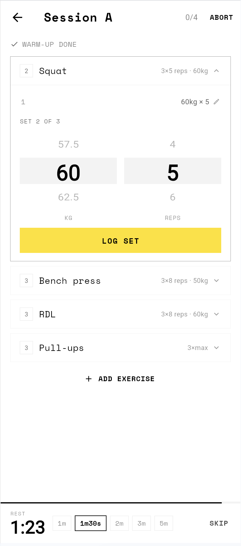 Doggins session screen — logging a set